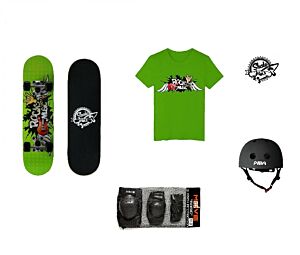 Set JUNIOR Skateboard ROCK MUSIC + Caschetto + Protezioni + Maglietta, Skate-Max